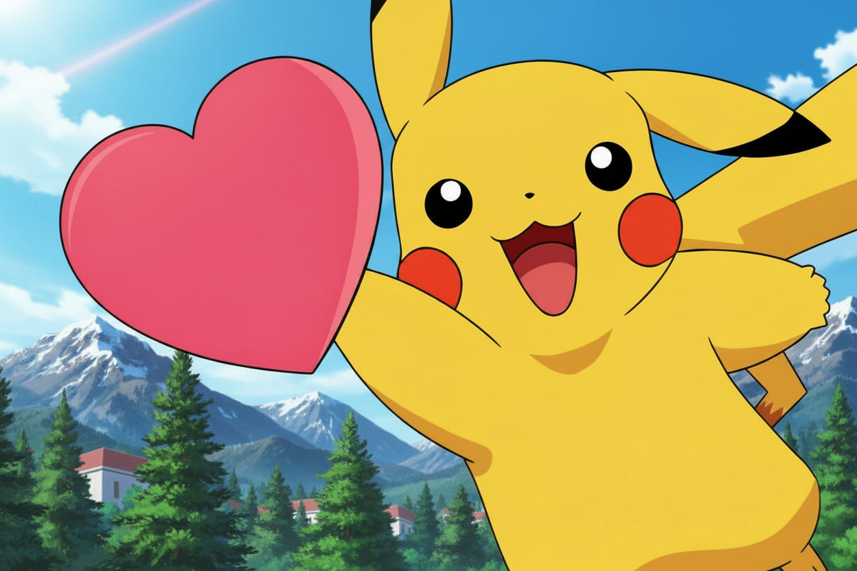 Pikachu holding a pink heart with a town in the background